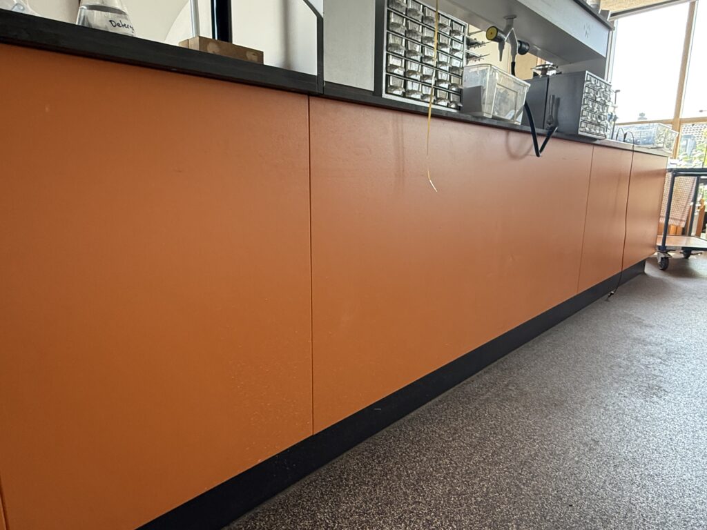Oranje interieurpaneel bij het Coornhert Lyceum voor het wrappen